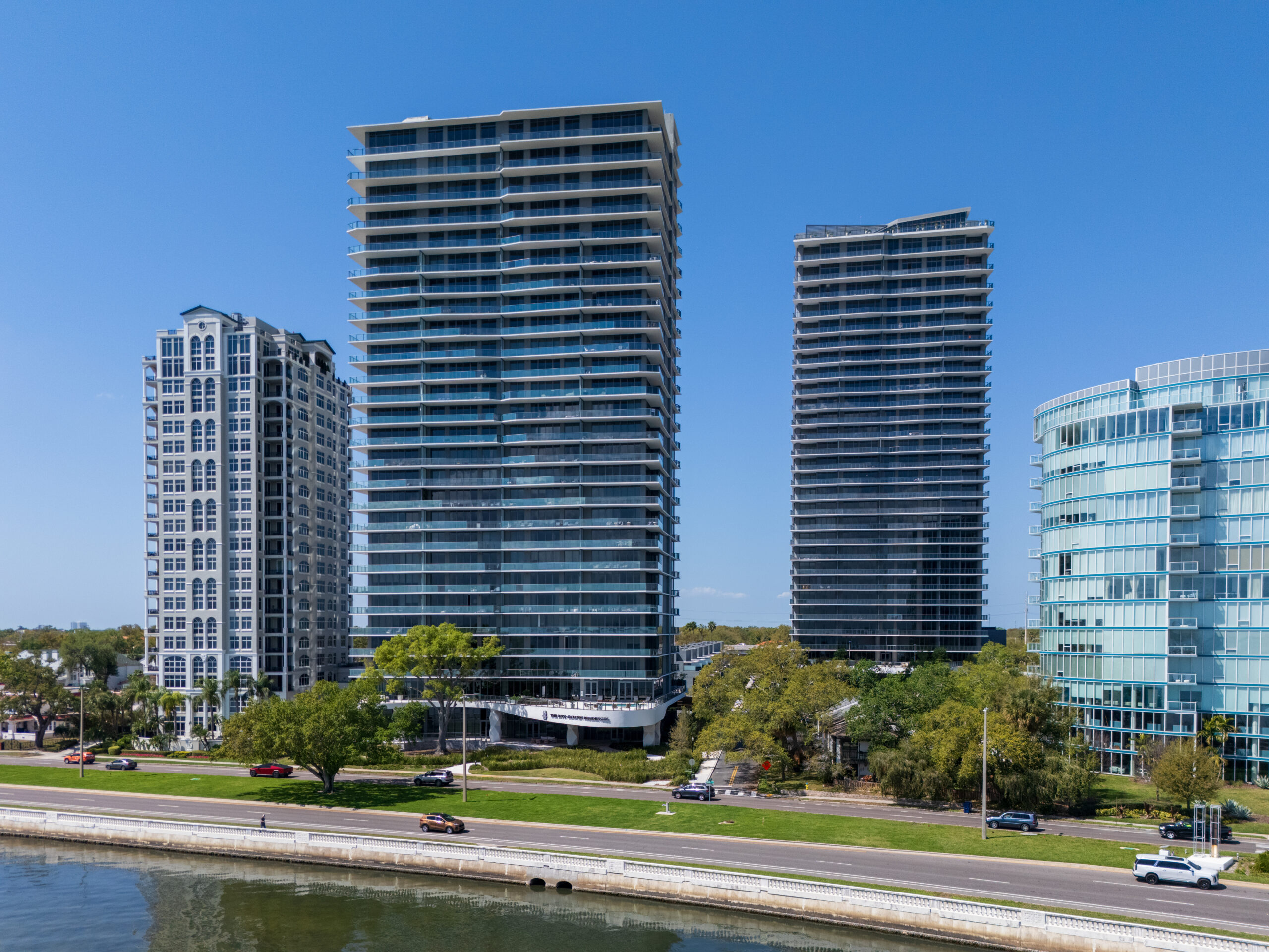 Ritz-Carlton Residences Tampa — aerial view of both towers on Bayshore Boulevard
